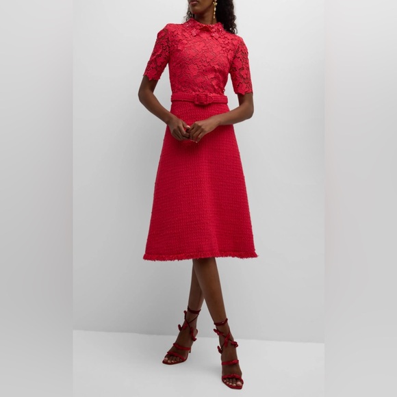 Oscar de la Renta NWT Short-Sleeve Gardenia Guipure And Tweed Midi Dress - Picture 5 of 13